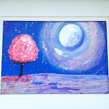 Mini Canvas Painting, Cherry Tree And Night Sky..