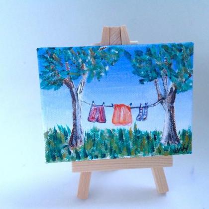 Original Art On Canvas, Wash Day Painting, Small..