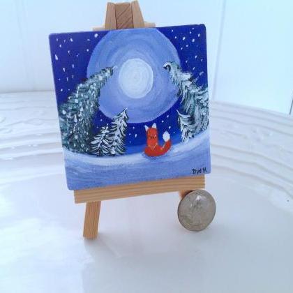 Mini Canvas Painting Of A Fox In Winter Night/..