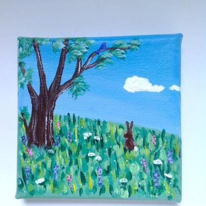Original Art On Canvas, Bunny In The Meadow /..