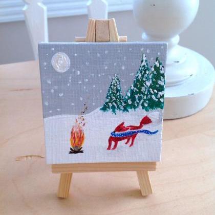 Mini Canvas Painting, Fox In The Snow Winter..