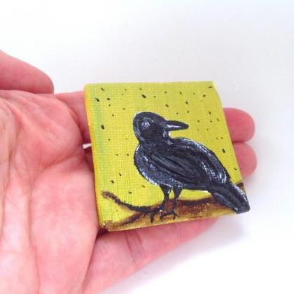 Small Canvas Original Art Black Bird / Tiny Art /..