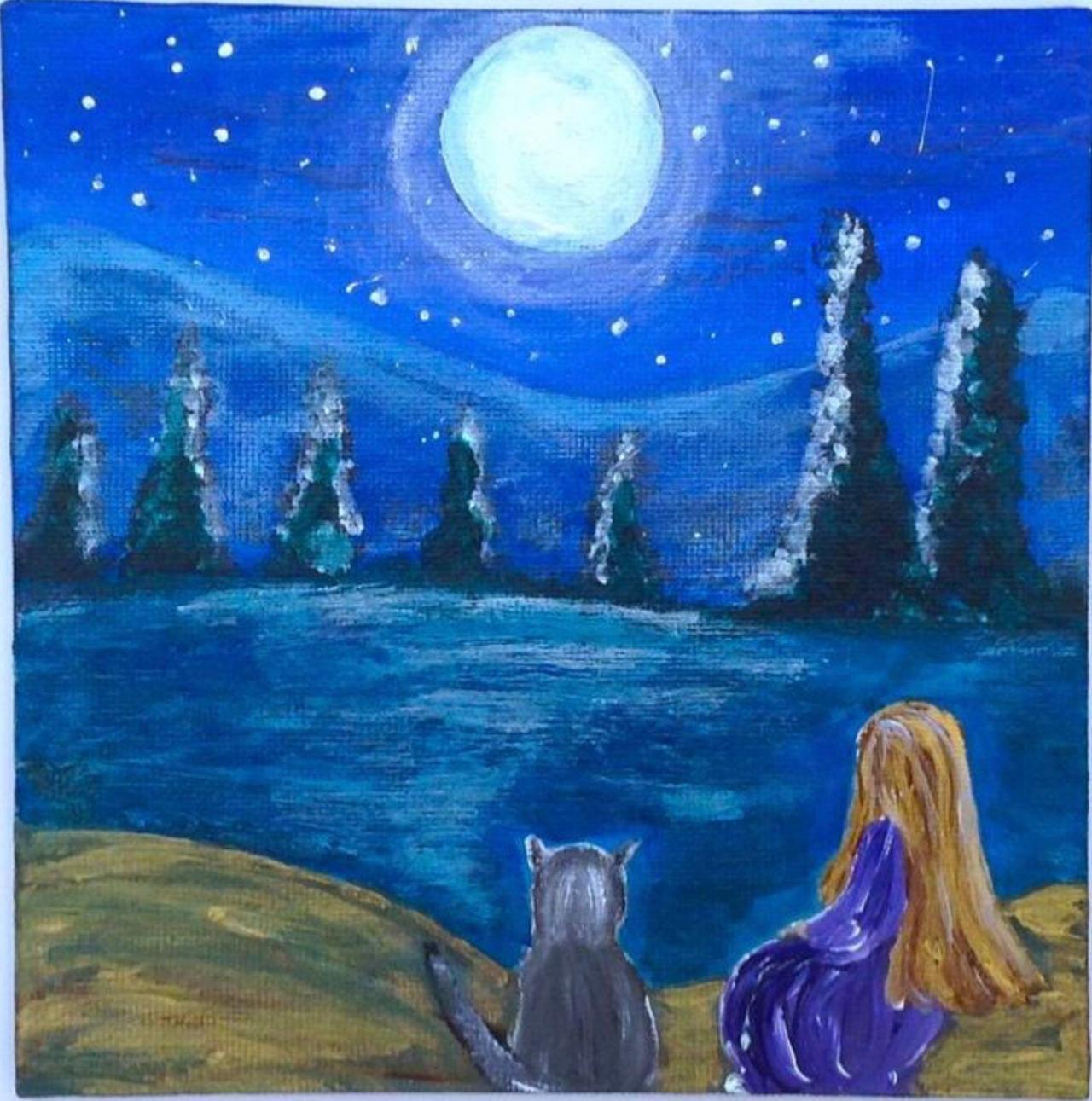 Small Canvas Painting/ Cat And Night Sky Painting/ Small Original Art/fine  Art/impressionist Art/art on Luulla
