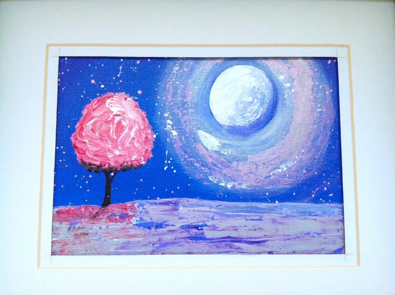 Mini Canvas Painting, Cherry Tree And Night Sky Art/small Art/original Art/unique Art/moon Art/night Sky Art/home Decor/one Of A Kind Art/art
