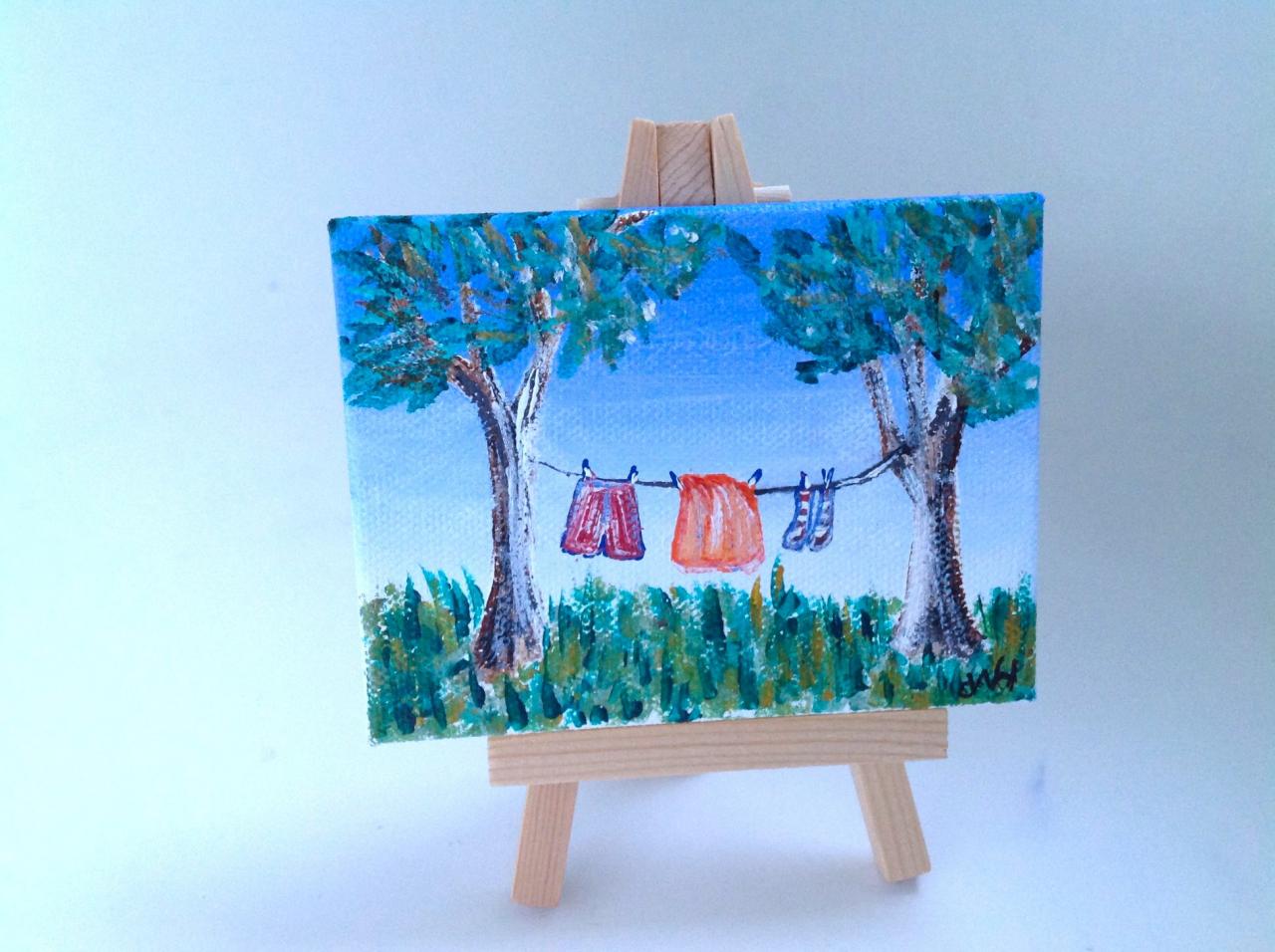 Original Art On Canvas, Wash Day Painting, Small Painting, Collectable Art, Tiny Art, Miniature, Clothsline Painting, Rabbits, Landscape, Farm
