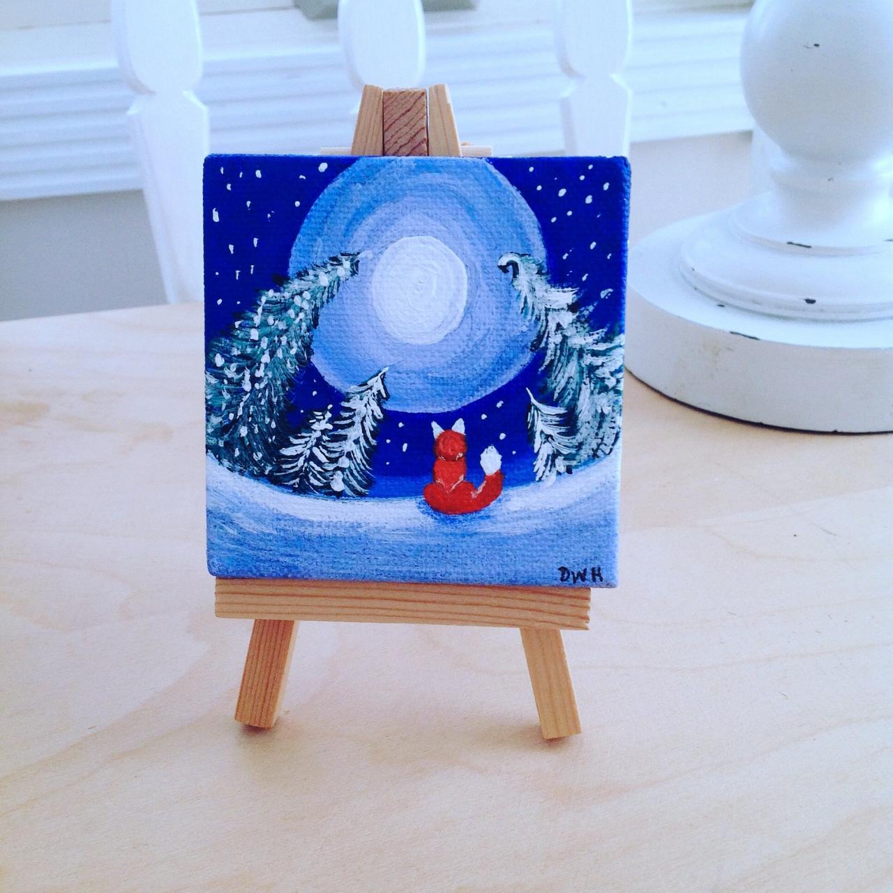 Mini Canvas Painting Of A Fox In Winter Night/ Small Art/tiny Painting/small Painting/collectable Art/original Art/woodland Art/moon Art/home