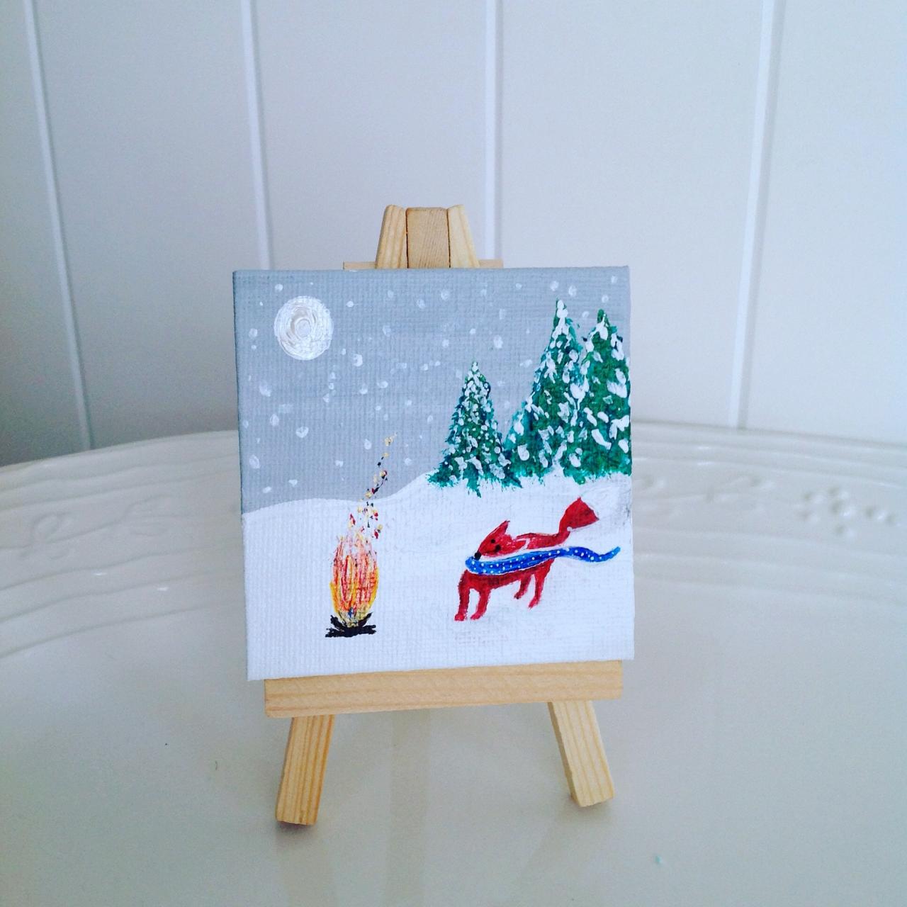 Mini Canvas Painting, Fox In The Snow Winter Painting/ Tiny Art/small Painting/original Art/miniature Art/home Decor/fox Art/winter