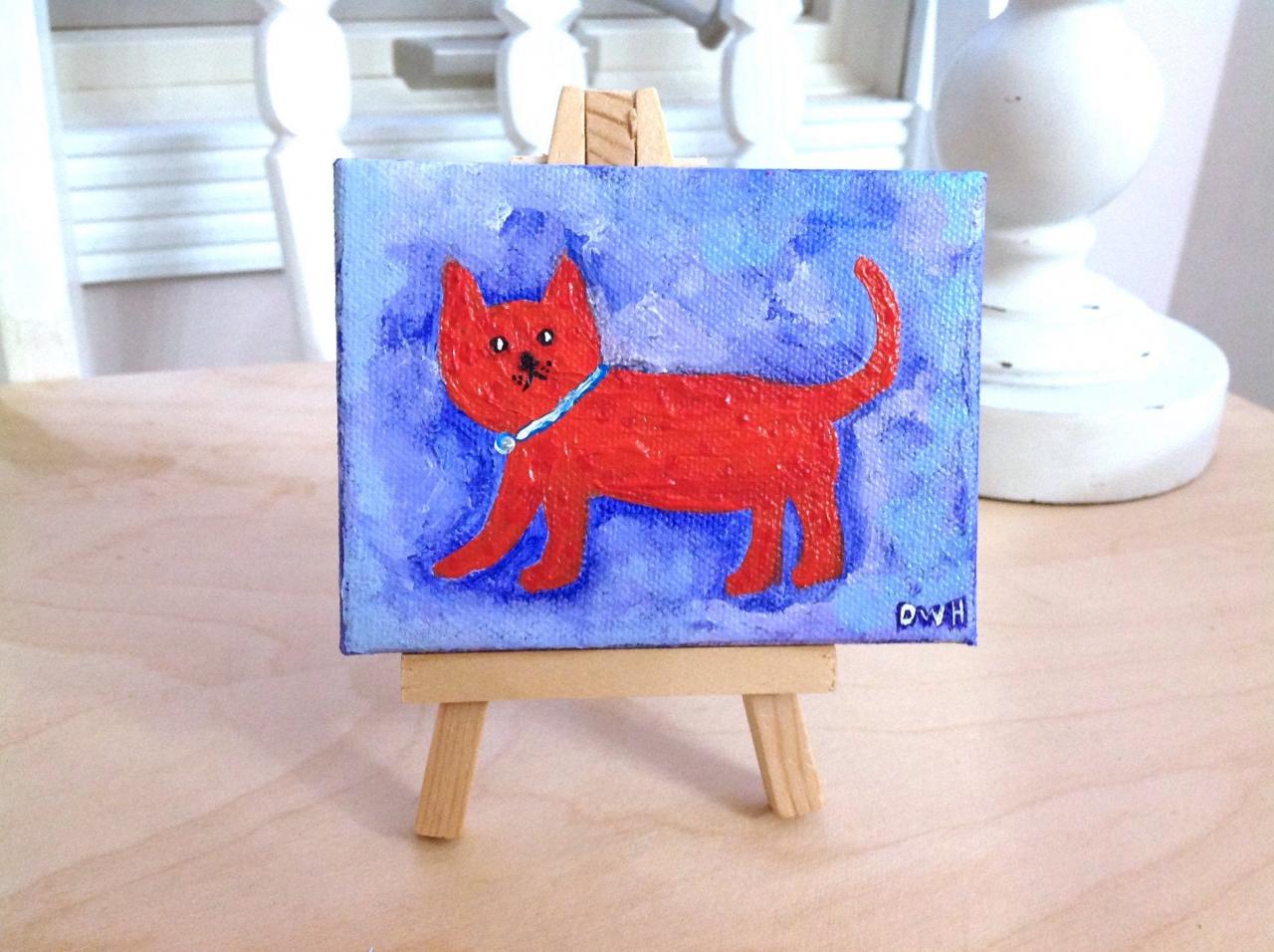 Small Canvas Painting Of A Cat /tiny Art/original Art/miniature Art/collectable Art/folk Style Art/home Decor/cat Art/gift For Cat Lover/charming