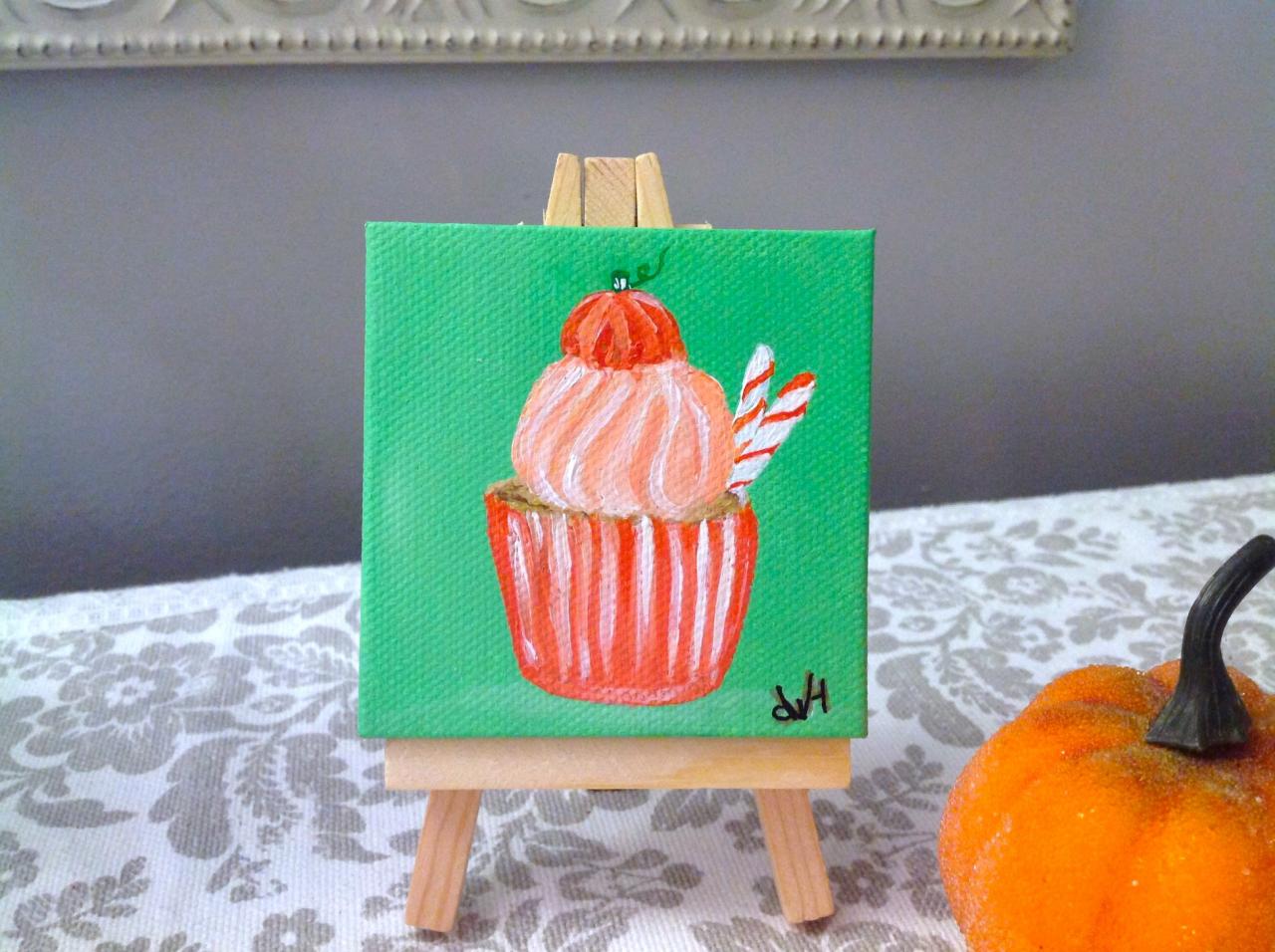 Small Canvas Art Pumpkin Cupcake Painting/ Original Artwork/ Small Canvas/ Miniature Art/ Tiny Painting/ Art/ Thanksgiving Gift/ Small Home