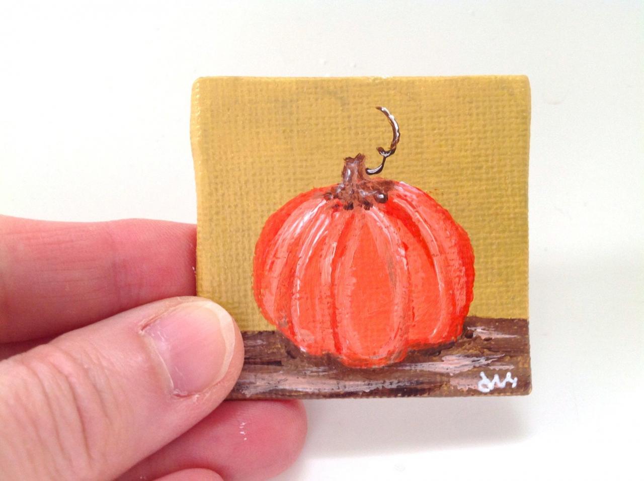 Small Original Art On Canvas, Hello Pumpkin Painting / Pumpkin Art / Tiny Art / Painting / Small Home Decor / Autumn / Miniature Art / Fall Art /